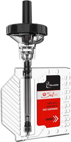 Red and clear, fully assembled, MicroGEM Sal6830 SARS-CoV-2 Saliva Test Cartridge
